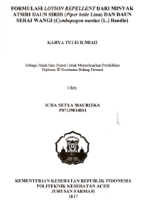 Image of Formulasi Lotion Repellent Dari Minyak Atsiri Daun Sirih (Piper Betle Linn) Dan Daun Serai Wangi (Cymbopogon Nardus (L.) Rendle)