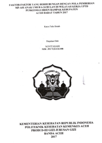 Image of Faktor-Faktor Yang Berhubungan Dengan Pola Pemberian MP-ASI Anak Umur 6-24 Bulan Di Wilayah Kerja UPTD Puskesmas Drien Rampak Kabupaten Aceh Barat Tahun 2017