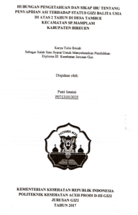 Image of Hubungan Pengetahuan Dan Sikap Ibu Tentang Penyapihan ASI Terhadap Status Gizi Balita Usia Diatas 2 Tahun Didesa Tambue Kecamatan SP. Mamplam Kabupaten Bireun